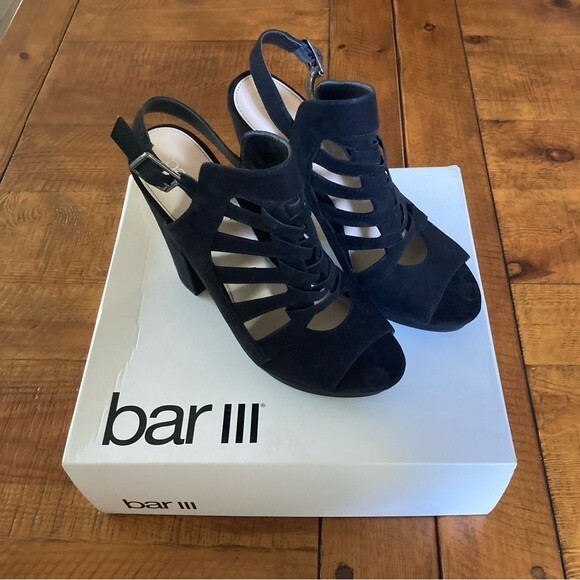 Bar III Nerisa Black Faux Suede Velvet High Heel Peep Toe Sandal Shoe Size 8.5 - Picture 3 of 14